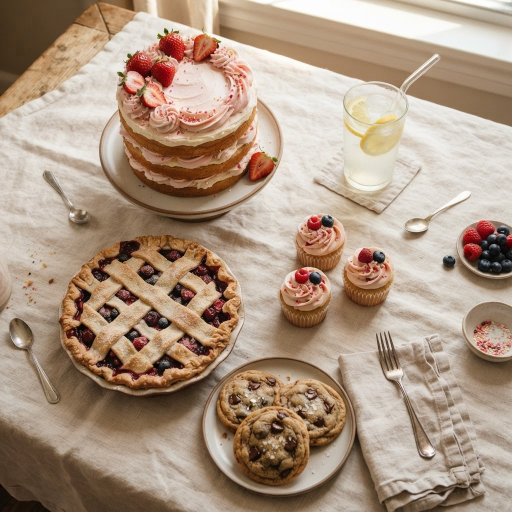 An assortment of homemade cakes, cookies, pies, cupcakes and lemonade
